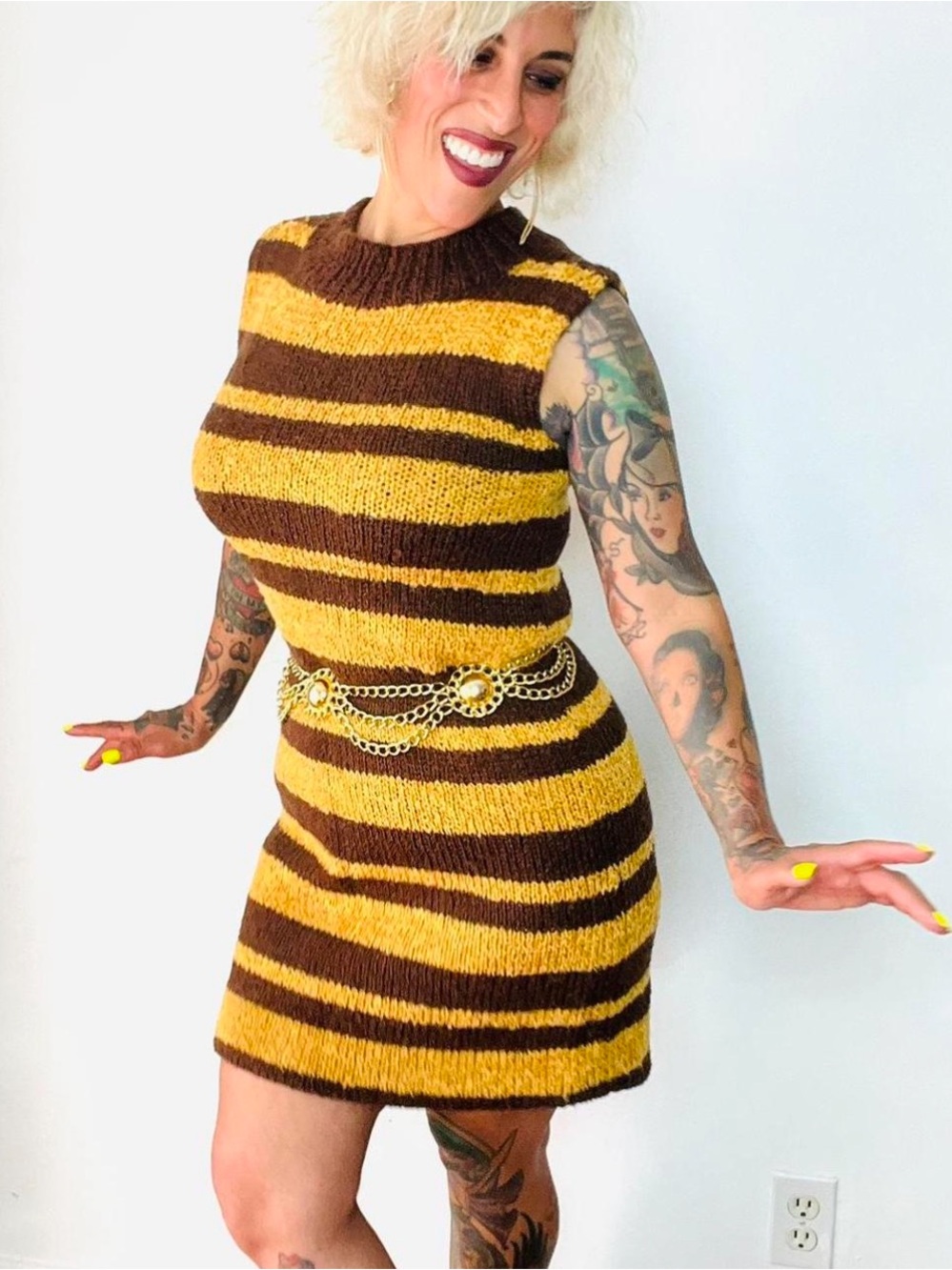1960’s Vintage Hand-Knit Striped Sleeveless Dress in Mustard and Brown S M L